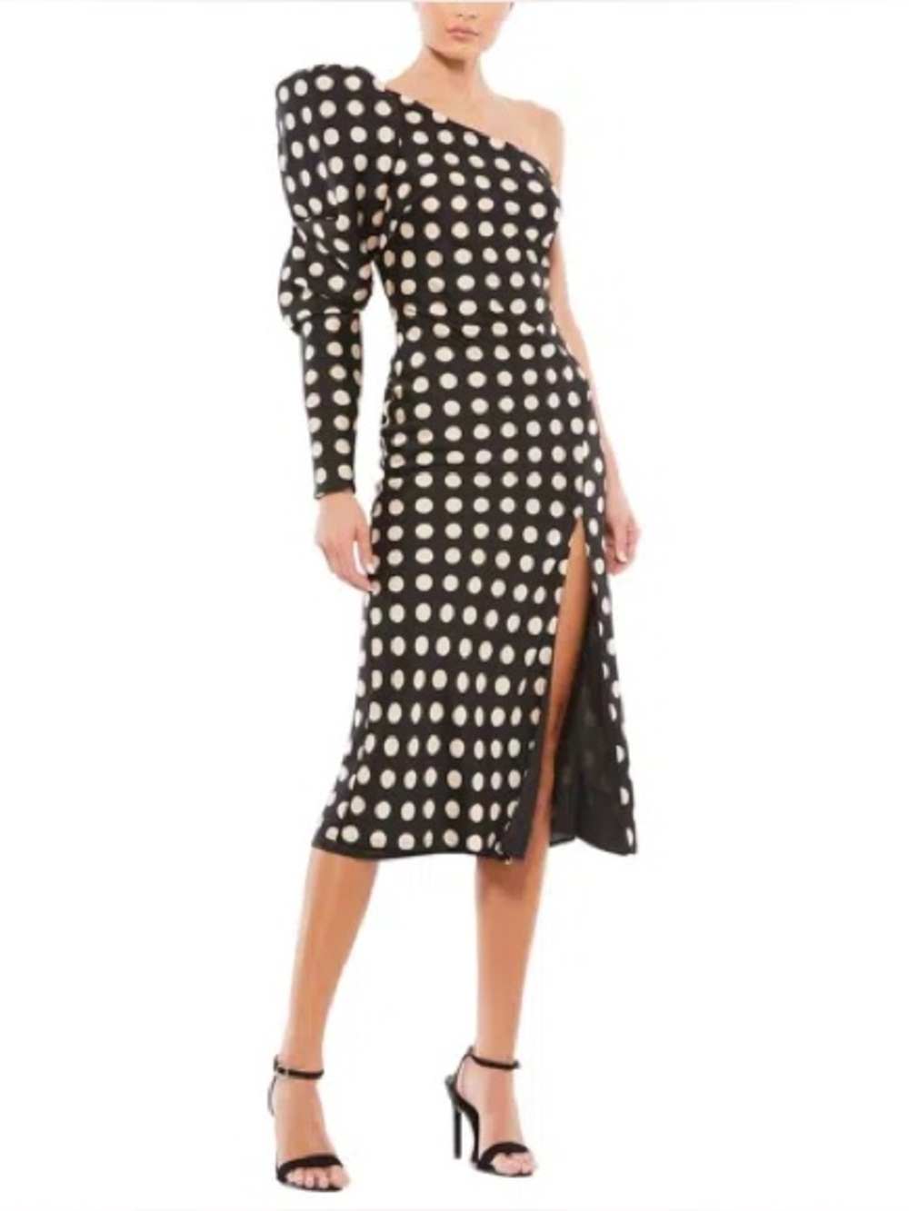 Mac Duggal Black & White One-Shoulder Polka Dot Midi Dress